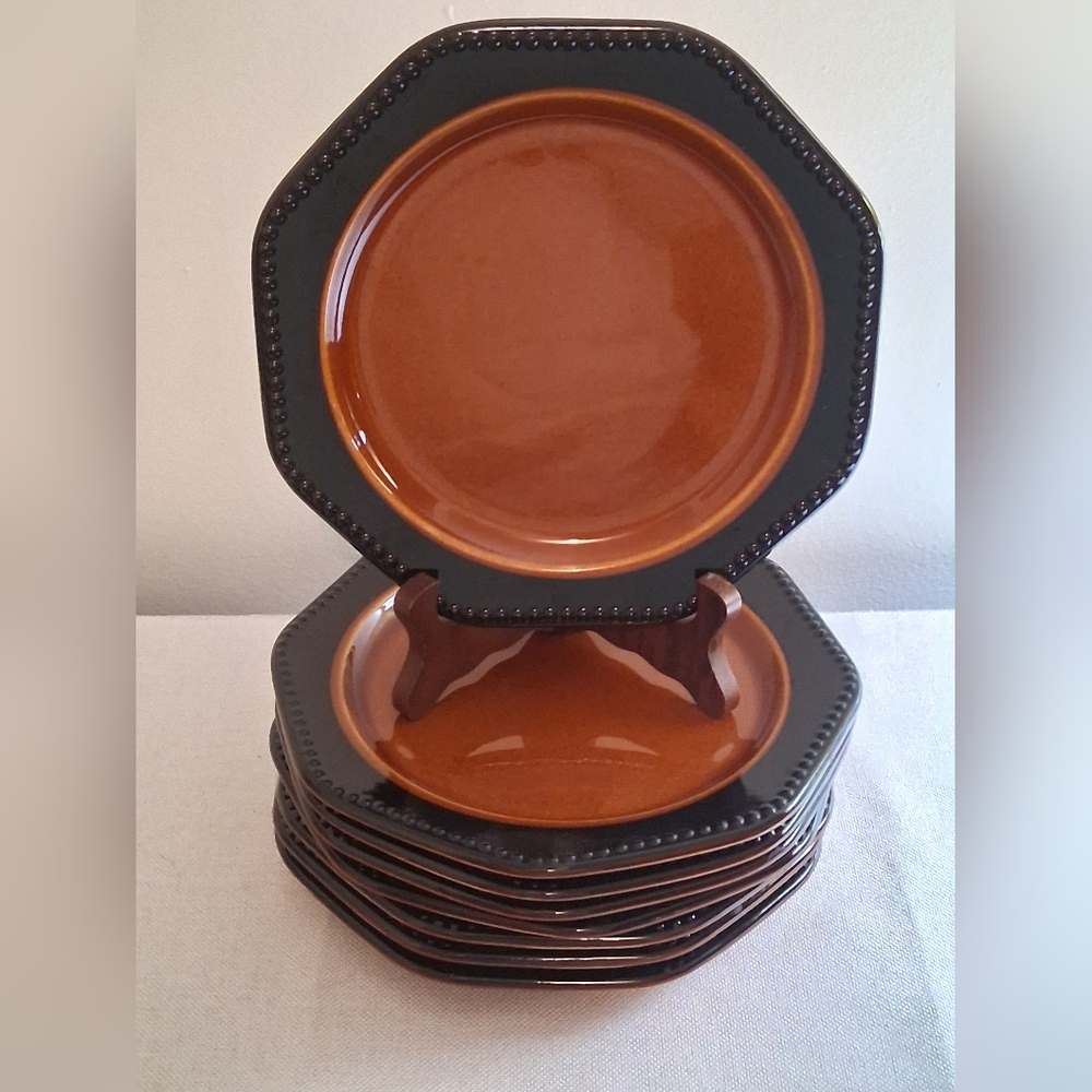 Vtg 70s Sears Ironstone Octagon Amber 8" Salad Plates Set Of 8.